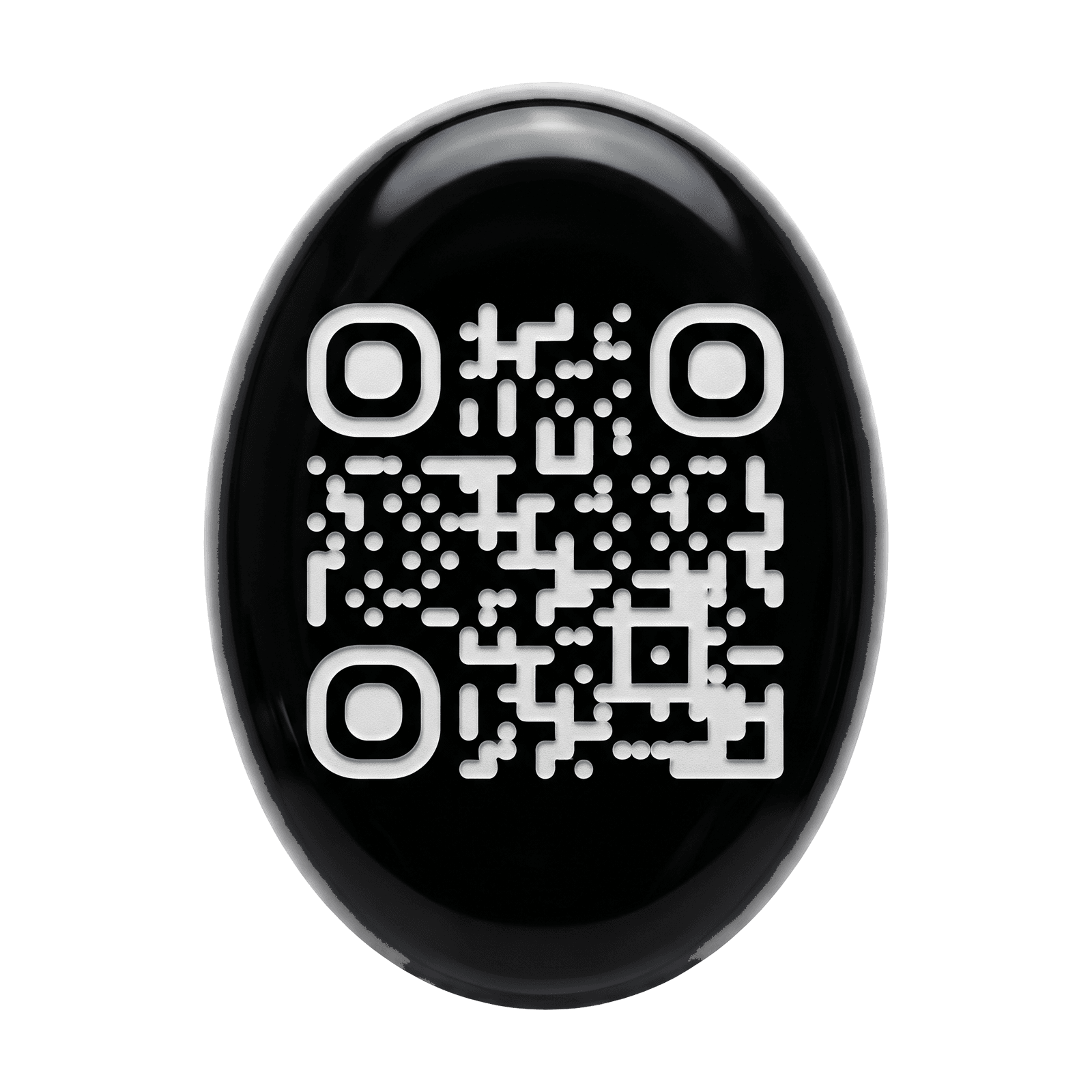 A polished black agate cabochon with a stylized white laser-engraved QR code on its surface — illustrative of the engraved QR on every stone.