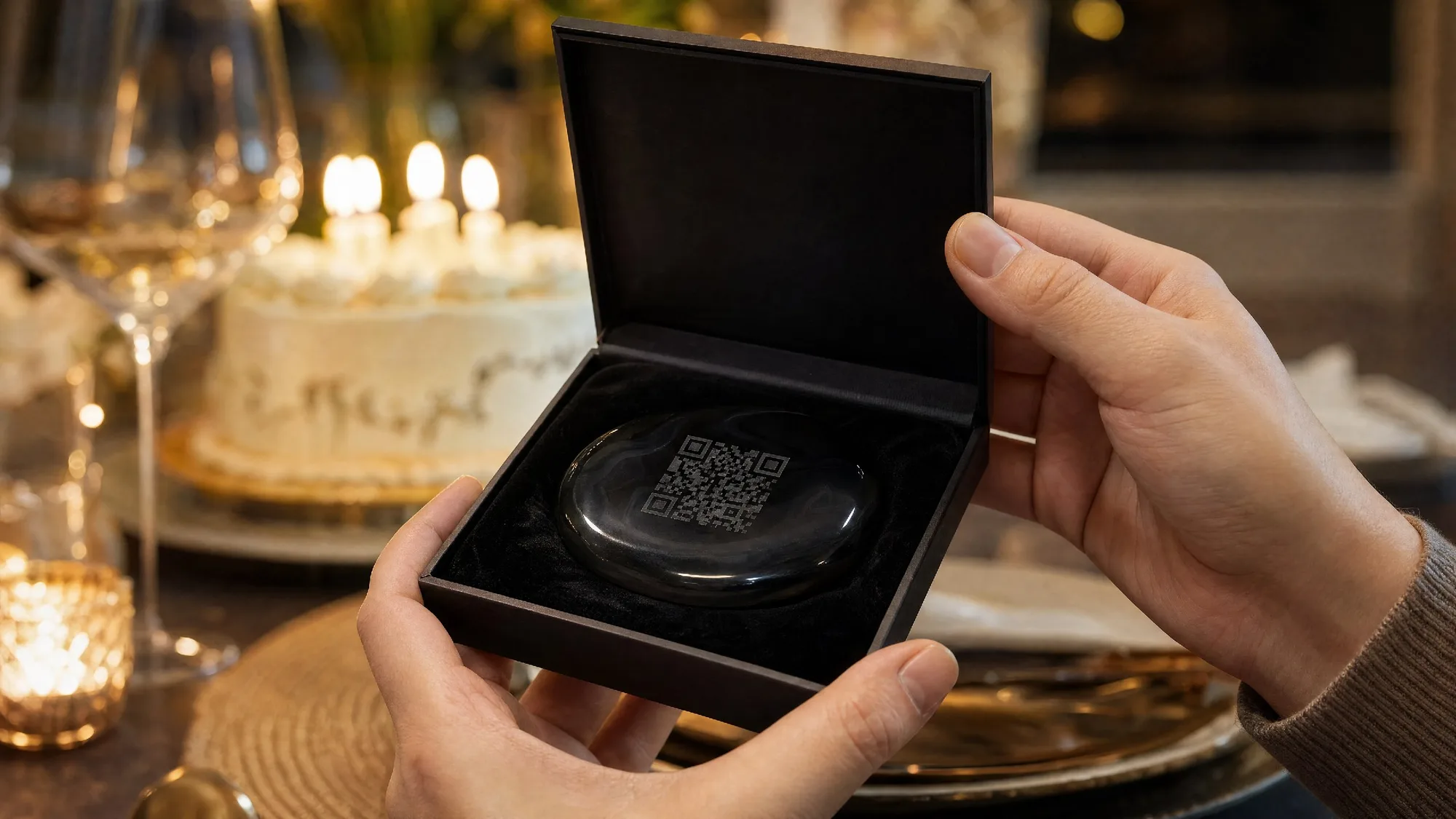 Close-up of hands cradling a polished black Tablestone engraved with a QR code, with candles and a birthday cake softly blurred behind.