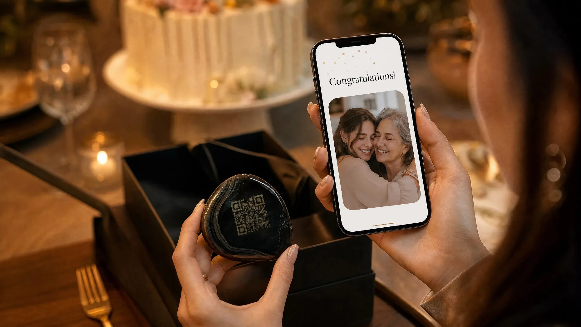 Over-the-shoulder view of a person holding a polished agate Tablestone in one hand and a phone in the other — the phone displays a gift page with a 'Congratulations!' headline above a photo of two women embracing.