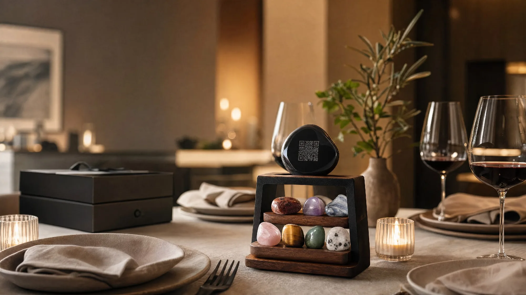 Elegant table setting with a black Tablestone displayed atop a small wooden riser alongside a tiered display of six colorful polished gemstones — rose quartz, tiger's eye, green aventurine, moonstone, red jasper, amethyst, and blue lace agate — with a wrapped gift, wine glasses, and an olive branch in the warm-lit background.