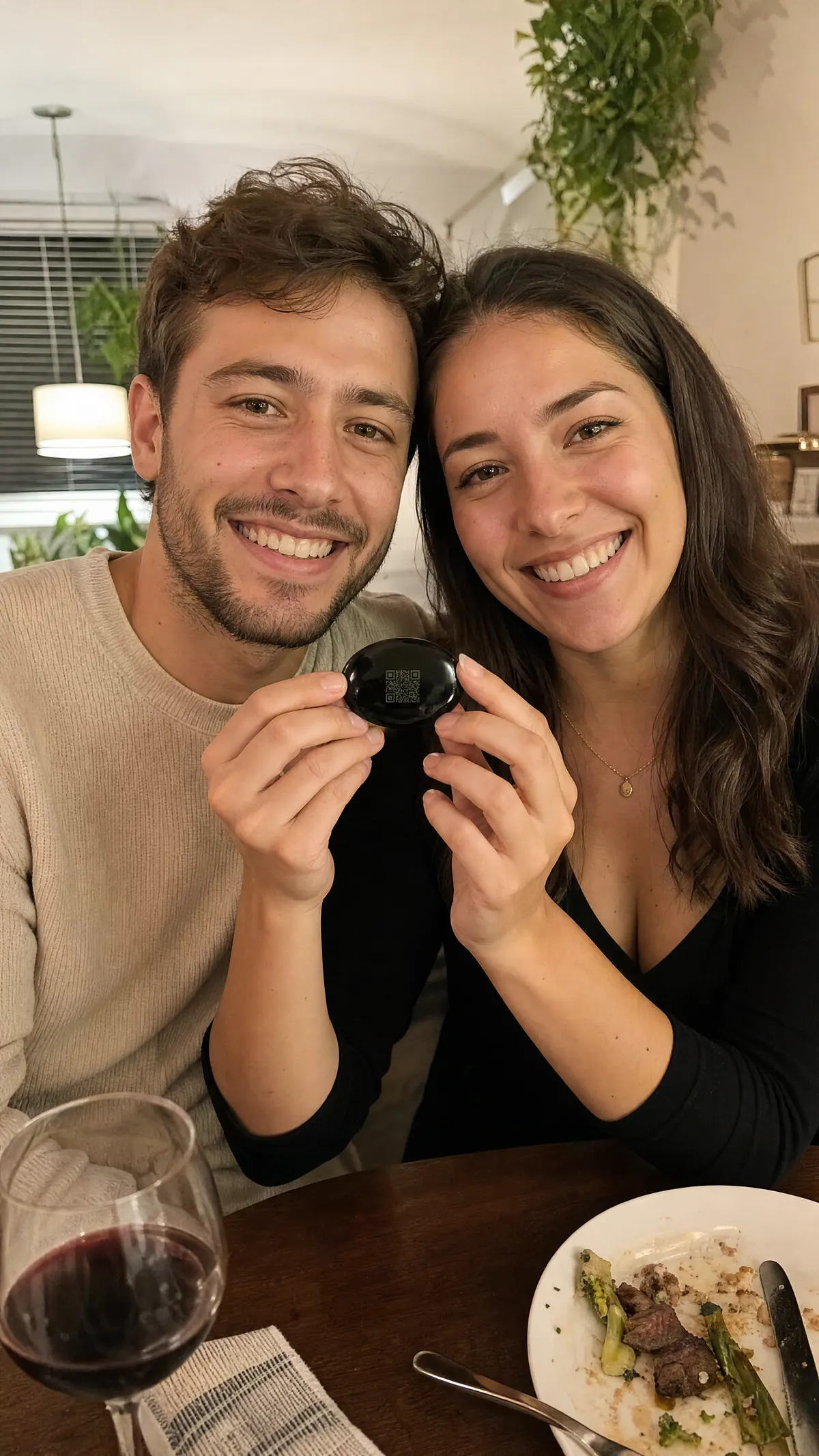 A young couple smiles for a selfie at a dinner table — the man holding up a small polished black Tablestone between them, with plates and a glass of red wine in front.