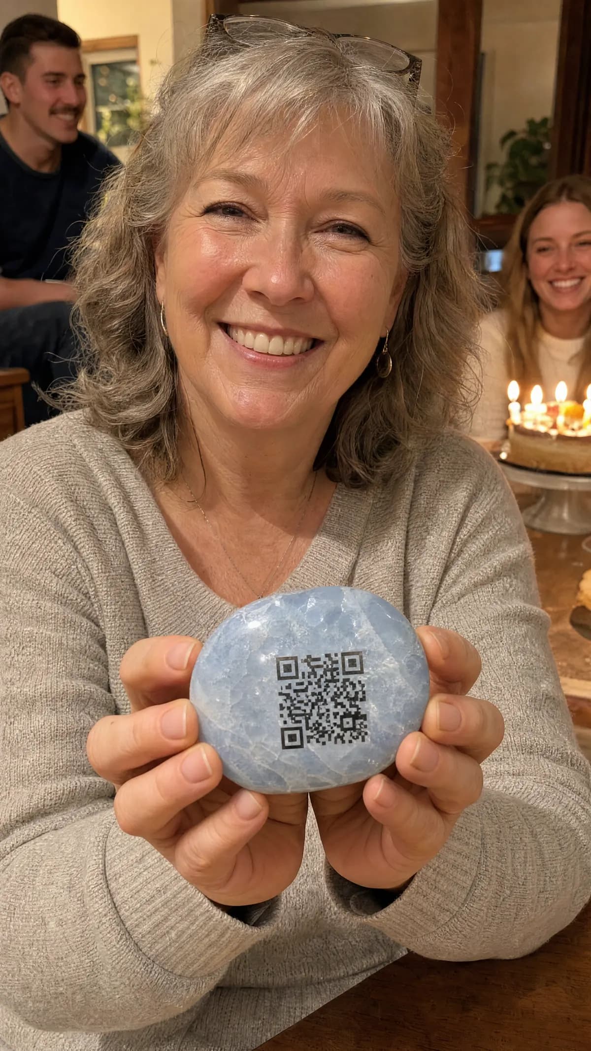 An older woman with grey hair beams at the camera, holding up a light-blue polished Tablestone with an engraved QR code in her cupped hands, a birthday cake with lit candles softly visible behind her.