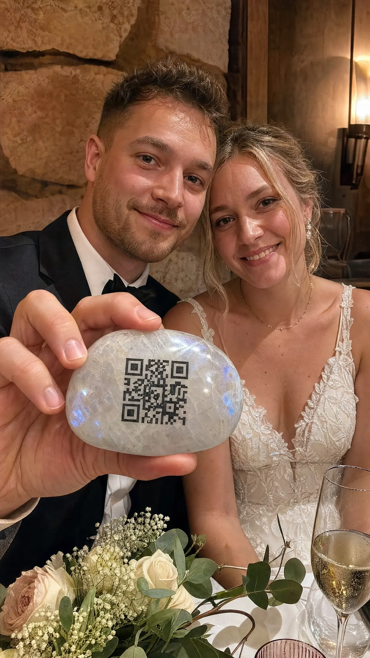 A young couple in formal wedding attire — tuxedo and white lace gown — smile while holding up a pale polished Tablestone with an engraved QR code, soft warm reception lighting and bridal bouquet flowers in the foreground.