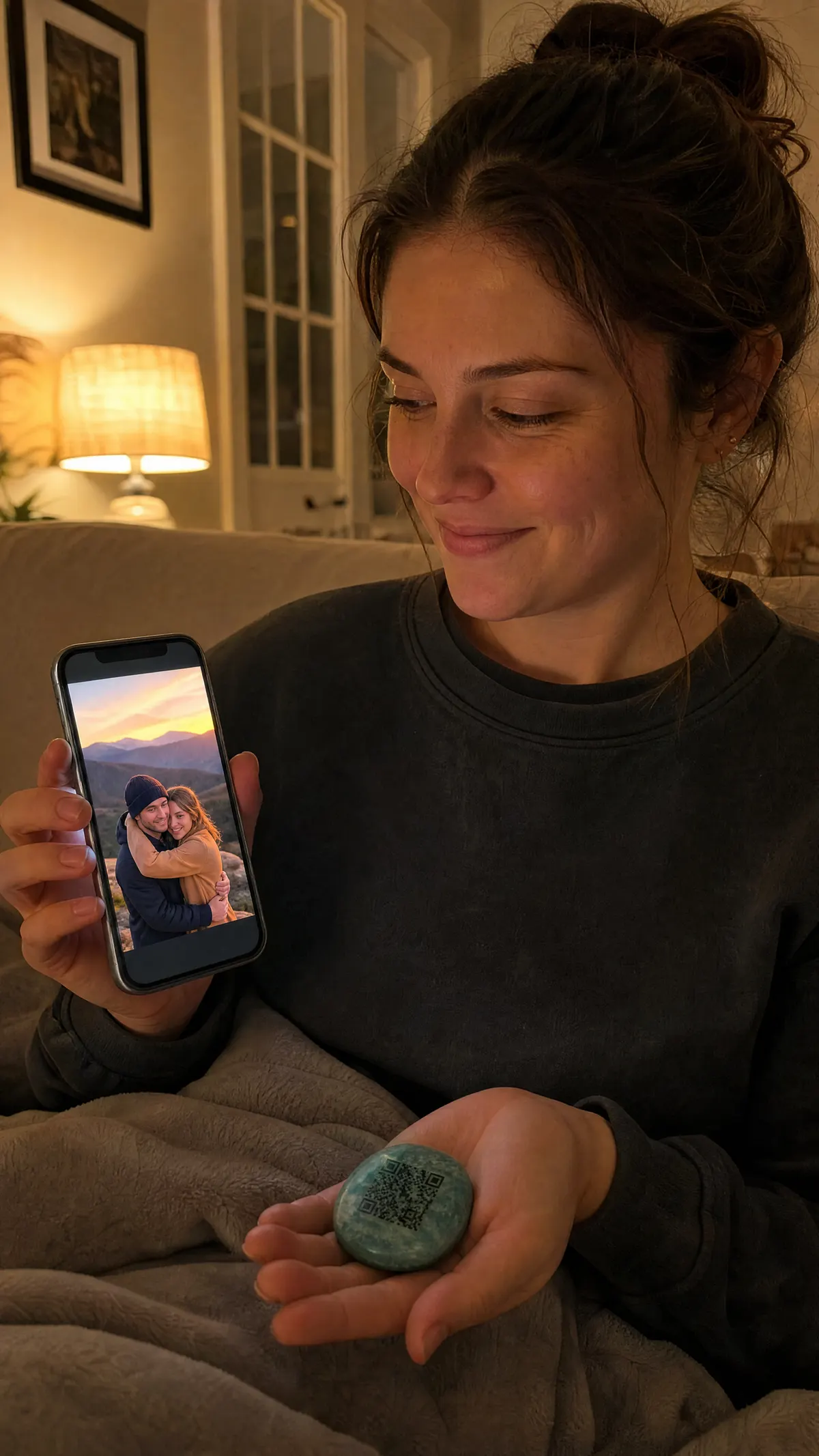 A woman seated on a couch in a warmly lit living room looks down at a teal-green polished Tablestone in one hand, holding up a phone in the other that shows a photo of a couple embracing against a mountain-sunset backdrop.