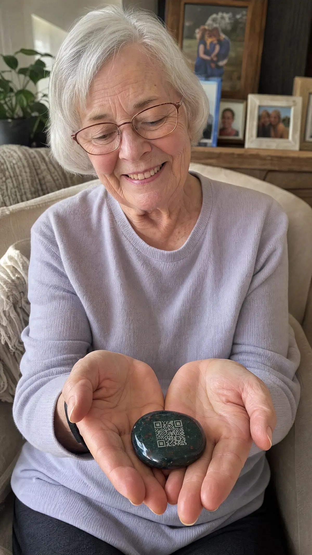 An older woman with white hair and glasses smiles softly down at a dark green polished Tablestone with an engraved QR code held cupped in her hands, framed family photographs visible on a shelf behind her.